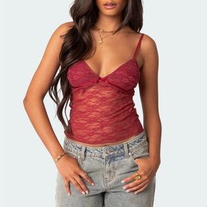 Edikted Eira Sheer Lace Tank Top Red Size Small